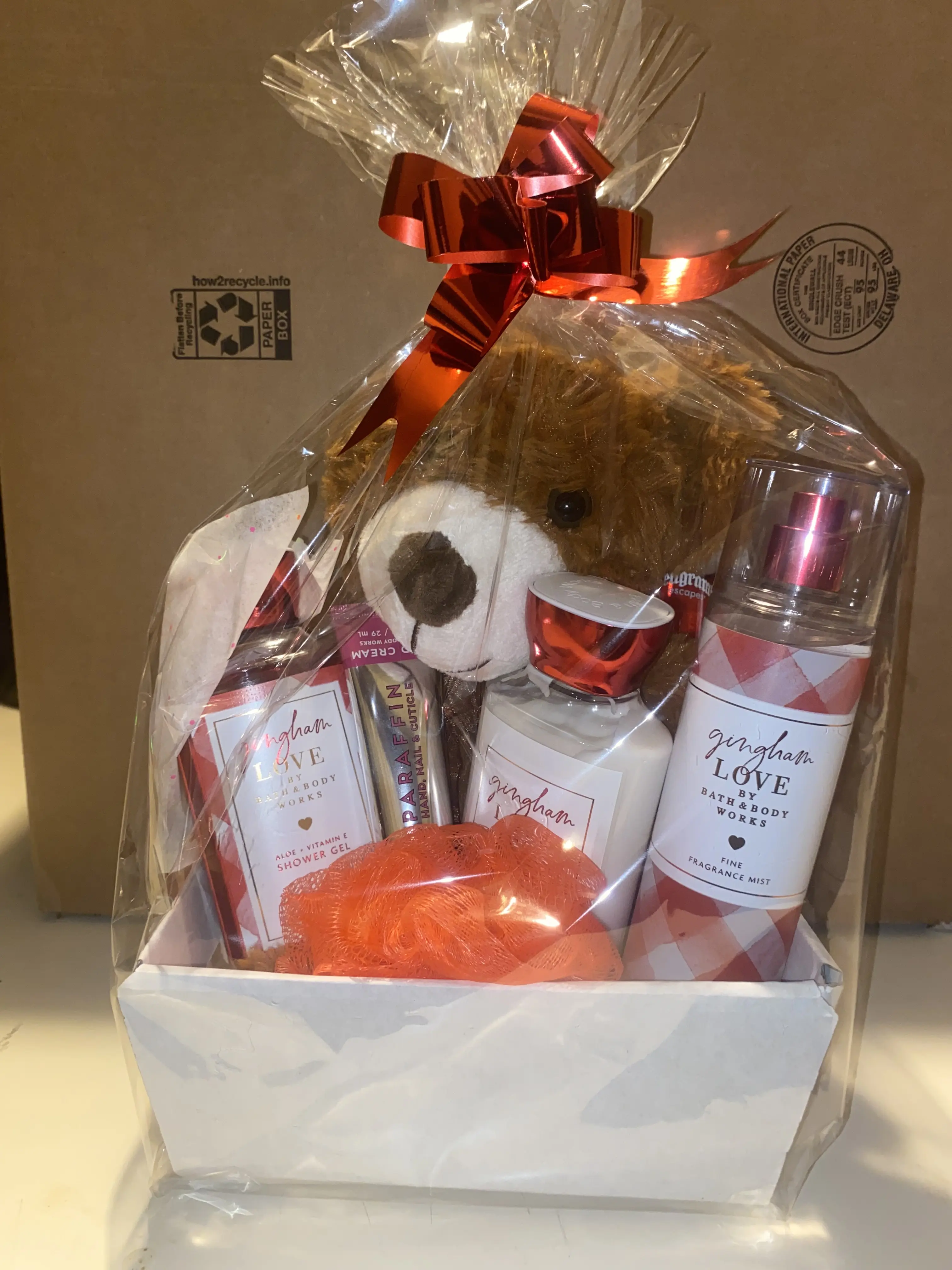 Teddy Bear and 4pc Bath and Body Works Gift Basket
