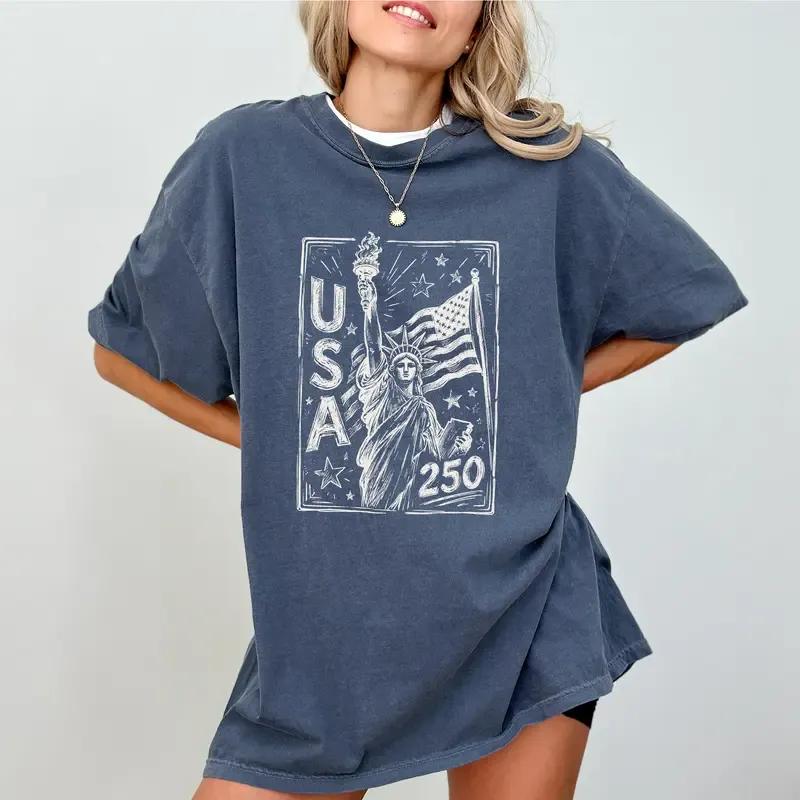 Statue of Liberty Comfort Colors Shirt, USA 250 Vintage T-shirt, 4th of July Graphic Tee, Patriotic American Flag Clothing – AK