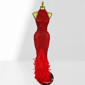 Luxury Rhinestone Sequin Sexy Sheer Mesh Feather Hem Dress Women's European American Party Annual Dinner Performance Evening Gown