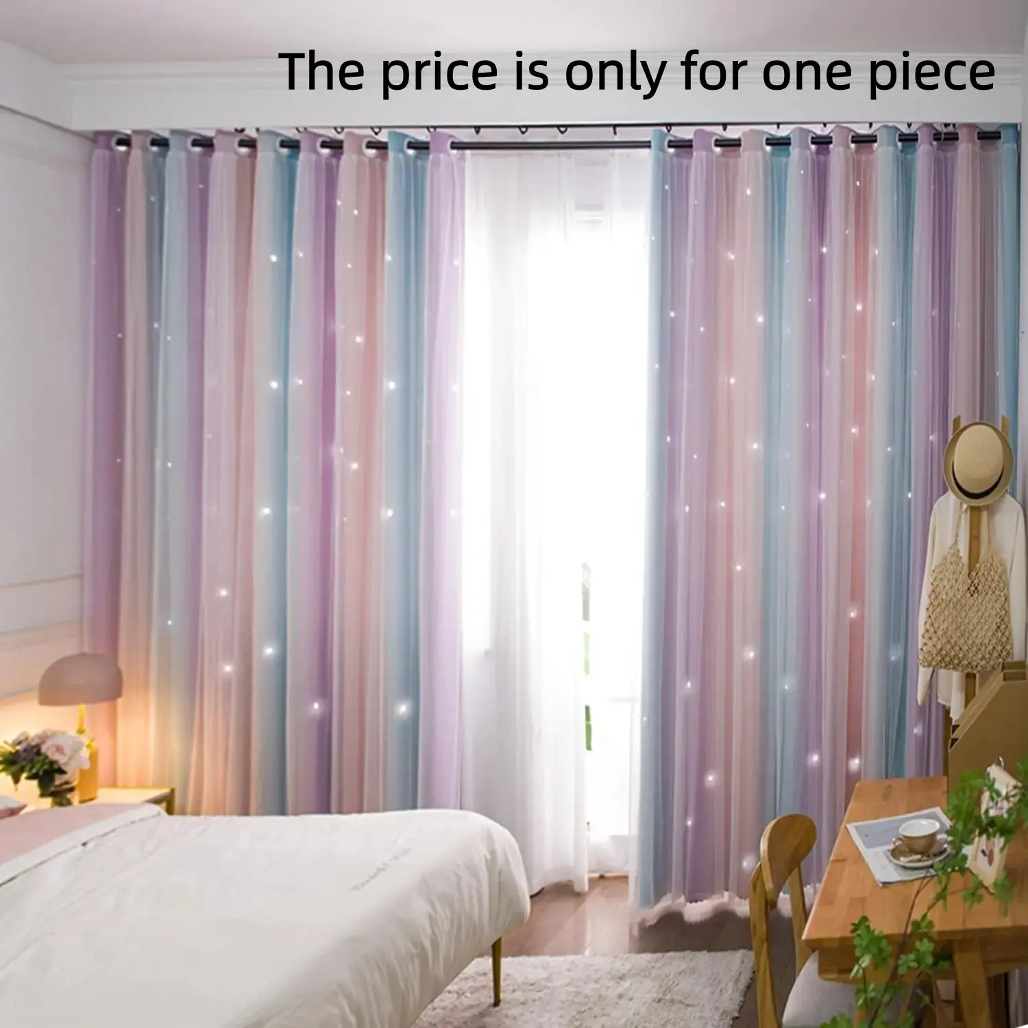 1pc Nordic Starry High Light Blocking Lace Curtain, Kids Bedroom Window Curtains, Colorful Nursery Curtains, Girl's Room Decor, Sheer Printed Curtains