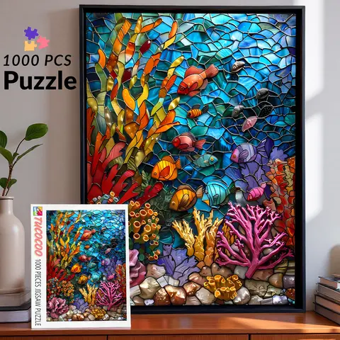 Stained Glass Coral Reef 1000 Pieces Jigsaw Puzzle, Colorful Ocean Art for Adults, Relaxing Brain Challenge and Family Game, Perfect Gift and Wall Decor, Size 27.5x20inch(70x50cm)