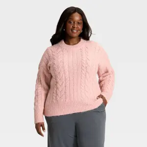 Women's Round Neck Cable Knit Pullover Sweater - A New Day Pink 3X
