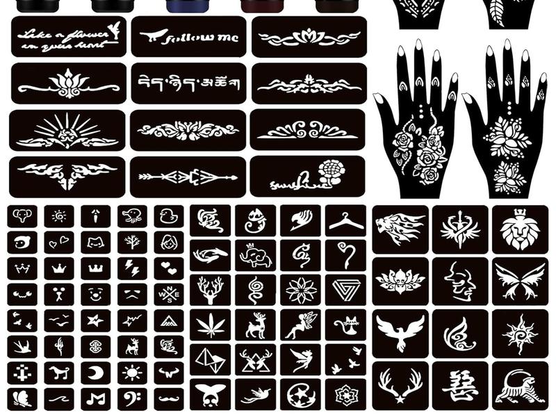 Temporary Tattoo Kits 5 Inks 102 Stencils, Henna Tattoo Kit with Mandala Stencils Semi Permanent Tattoo Markers Jagua Gel for Women Men Kids DIY Art Painting Party Gifts
