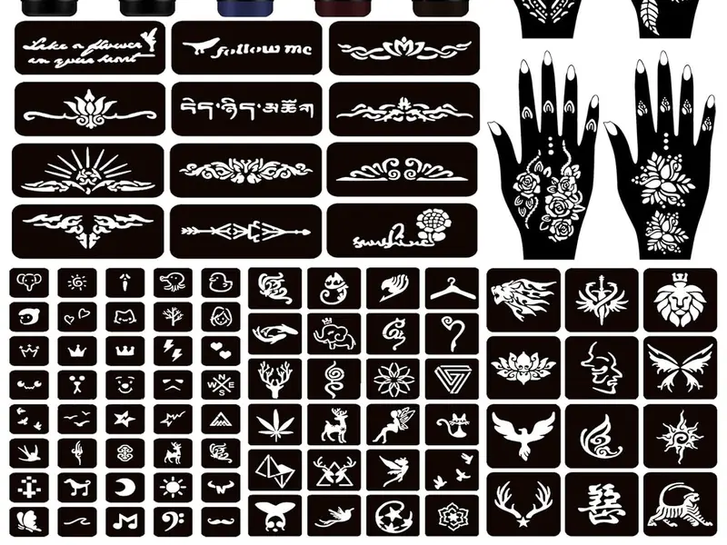 Temporary Tattoo Kits 5 Inks 102 Stencils, Henna Tattoo Kit with Mandala Stencils Semi Permanent Tattoo Markers Jagua Gel for Women Men Kids DIY Art Painting Party Gifts