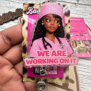 Funny We Are Working On It Sparkly Retractable Badge Reel Cute Acrylic ID Holder For Work Besties Nurses Healthcare Coworker Team Gift