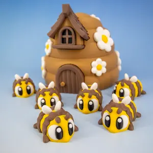 Beehive + Bees Articulated Fidget Set, 6 Miniature Bees, Beehive Container