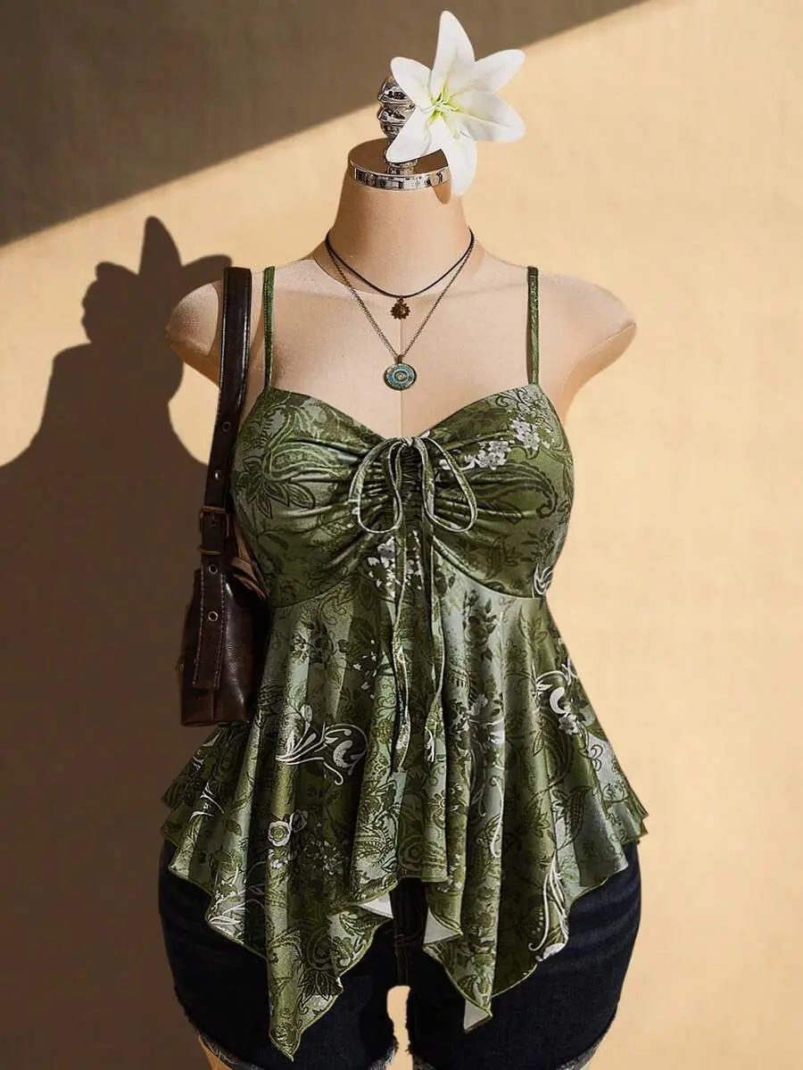 Women's Plus Size Dress - Floral Paisley Print Asymmetrical Hem Slim Fit for Beach Vacation