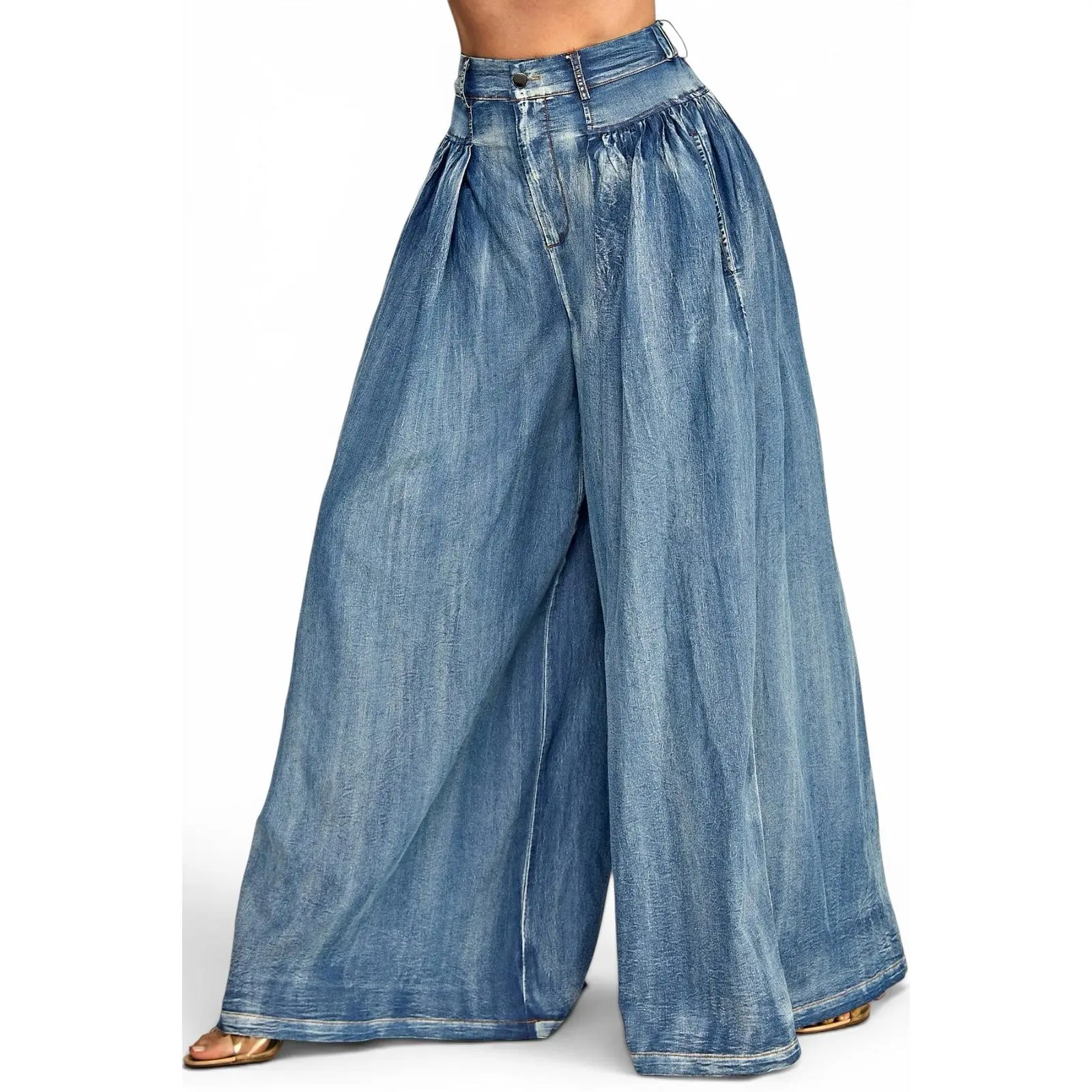 Pleated Wide Leg Denim Palazzo Jeans