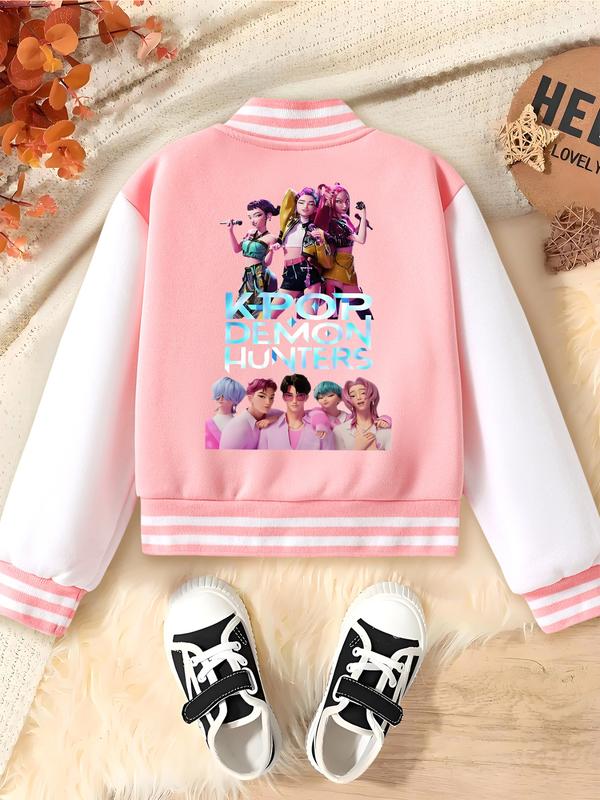 Girls' Kpop Demon Boy & Hunter Girl Group Print Baseball Jacket, Casual Cute Outerwear, Casual Sport School Uniform, Elastic Fabric, Fall Winter Halloween