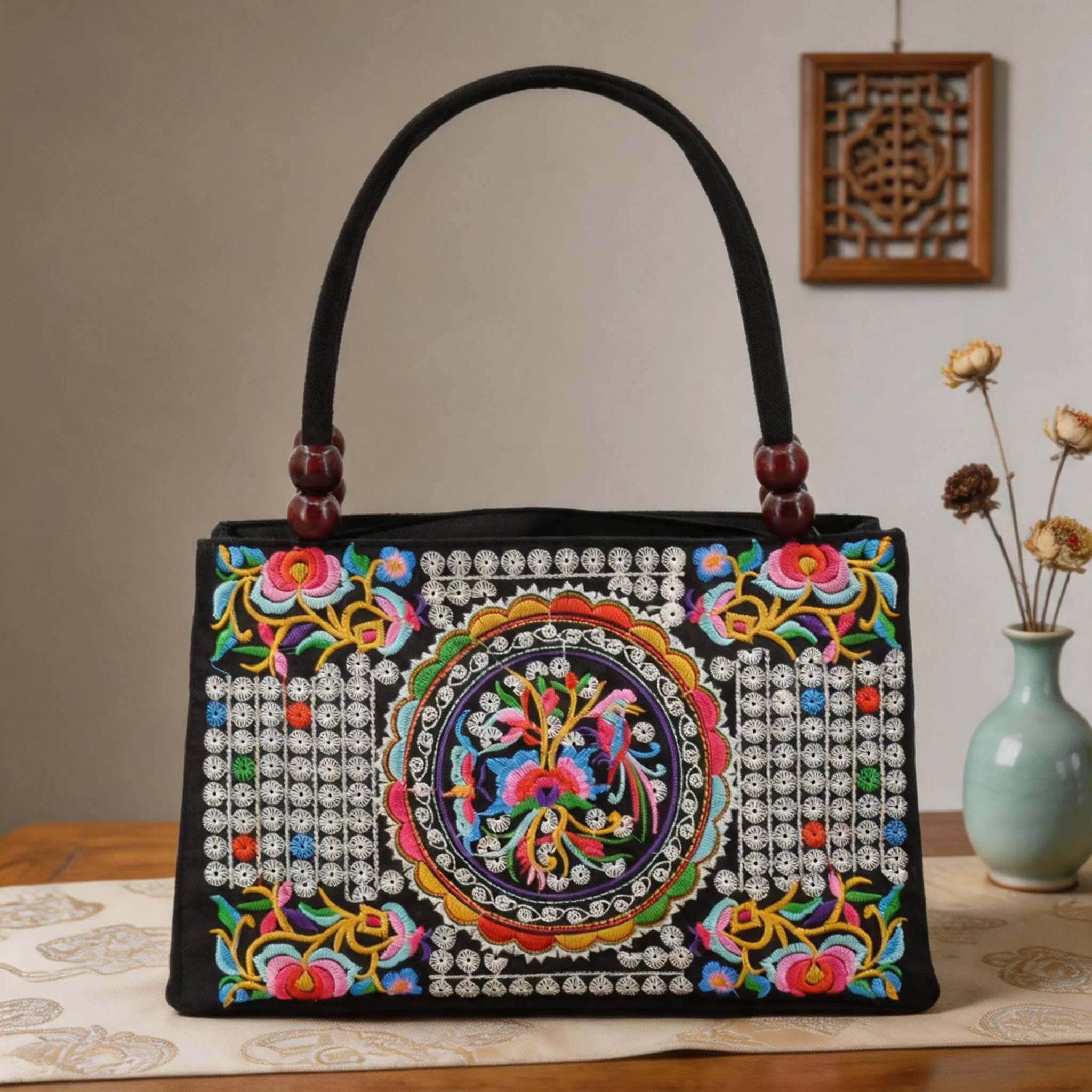 Women's Bohemian Embroidered Canvas Tote Bag with Wooden Beads - Vintage Floral Peacock Shoulder Handbag, Ethnic Travel Gym Bag for Purchase, Multi-Pattern Available
