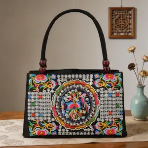 Bohemian style floral embroidery handbag, vintage double-sided embroidery tote bag, floral bead canvas bag