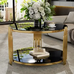 Modern Black Mirror Coffee Table, Asymmetrical Metal, Circular Metal Drum Base, Gold Finish & Lower Shelf