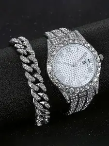 Men's Rhinestone Decorated Watch & Jewelry Set, Including Round Dial Analog Quartz Watch & Cuban Chain Necklace & Bracelet, Trendy All-match & Exquisite Watch Set for Gift, Rhinestone Embellished Watch, Stainless Steel Wristwatch