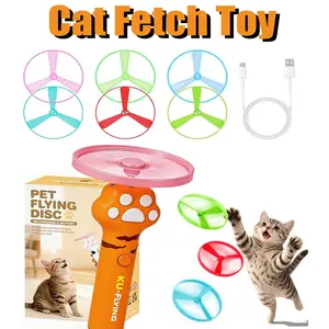 Cat Toy Flying Saucer Stick, Interactive Cat Toy for Indoor Cats, USB Rechargeable lying Disc Launcher with 6 Flying Discs, Automatic Flying Discs, Kitten Exercise & Entertainment for Indoor Bored Kittens & Adult Cats