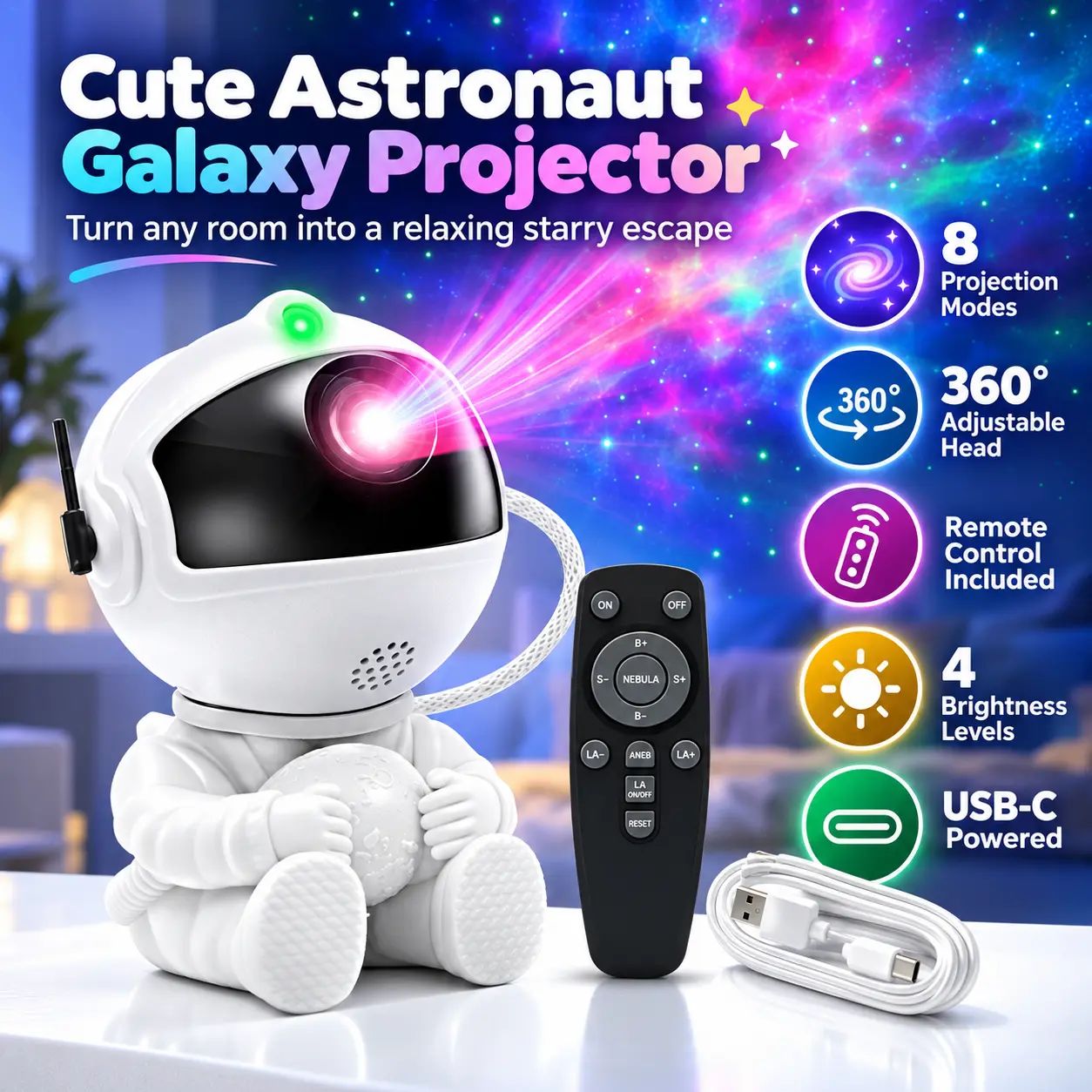 Astronaut Galaxy Projector Night Light with Remote, 8 Projection Modes, 360° Adjustable Head, 4 Brightness Levels, USB-C Powered Space Light for Bedroom Decor