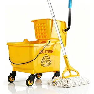33 Qt Commercial Mop Bucket, with Side-Press Wringer  Wheels. Includes an Industrial Mop. Yellow Industrial Mop Bucket, Suitable for , Commercial, Restaurant Cleaning
