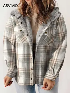 【Palette Exclusive】 Plus Size Plaid Print Button Front Drop Shoulder Fuzzy Hooded Coat, Casual Long Sleeve Pocket Outerwear for Fall & Winter, Women's Clothes for Daily Wear, Casual Jacket