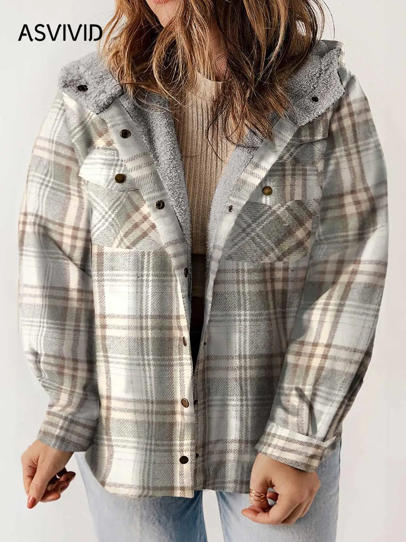 【Palette Exclusive】 Plus Size Plaid Print Button Front Drop Shoulder Fuzzy Hooded Coat, Casual Long Sleeve Pocket Outerwear for Fall & Winter, Women's