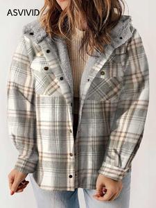 【palette exclusive】 plus size plaid print button front drop shoulder fuzzy hooded coat, casual long sleeve pocket outerwear for fall & winter, women's clothes for daily wear