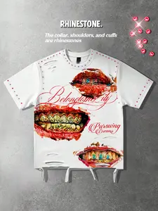 Cute hole short sleeved rhinestone t-shirt with sexy lip print, summer short sleeved unisex red lip pattern, cotton t-shirt, men's shirt, European and American street fashion brand, summer must-have, casual aesthetics, and Y2K style for male students