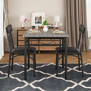 3-Piece Dining Table Set for 2 - Space-Saving Square Metal & Wood Kitchen Table with 2 Upholstered Chairs - Compact Dining Room Furniture for Small Spaces, Apartments - Rustic Brown or Gray