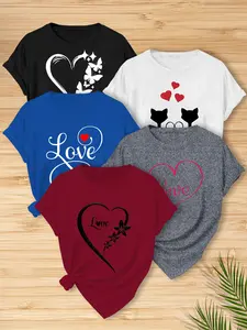 5-Piece Women's Heart&Love Print Short-Sleeved T-Shirt, Women's Causal Comfortable Crewneck T-shirt, Cute Clothes, Summer Tops For Ladies, Suitable For Going Out, Fashionable Women's Daily Multi-Color Clothing