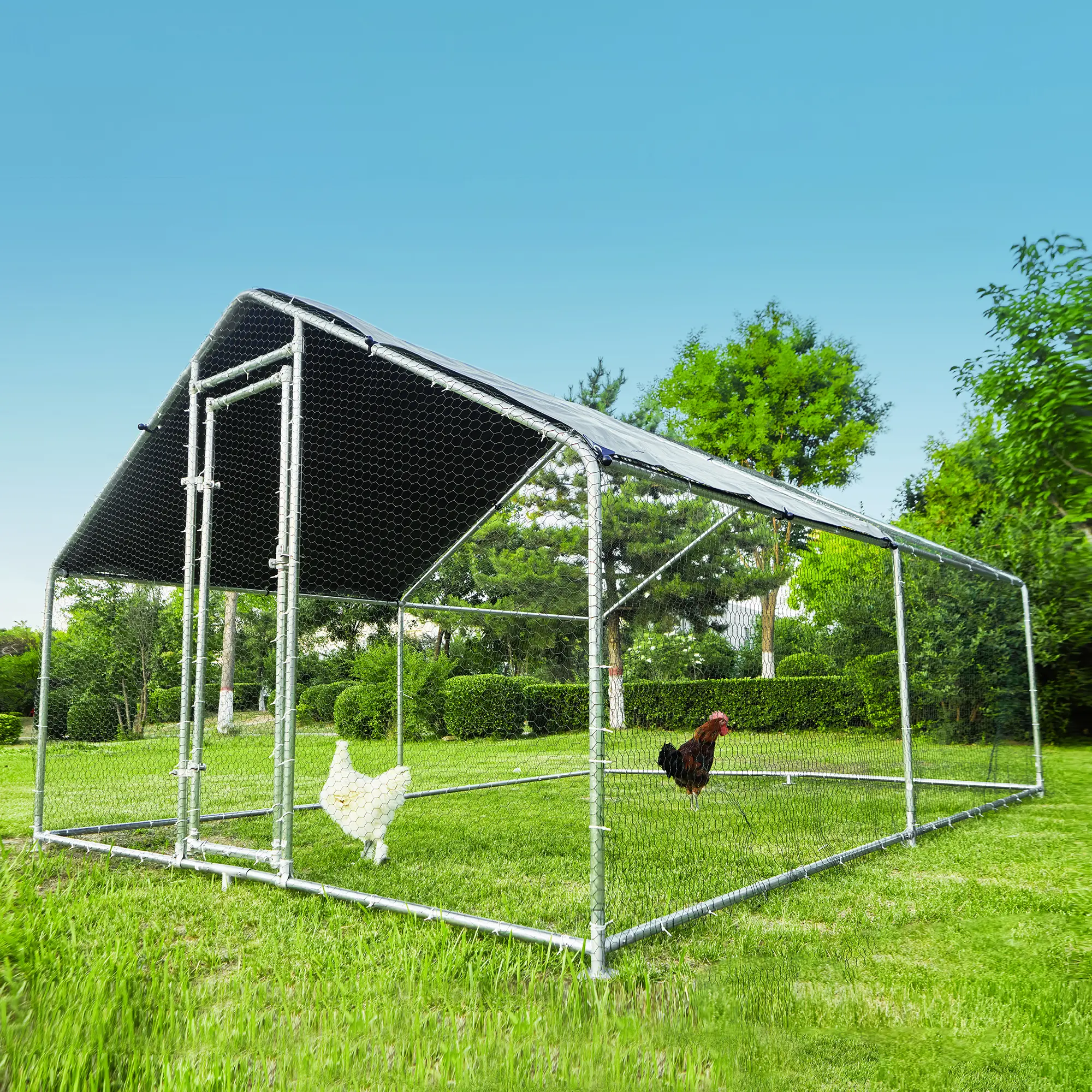 HITTITE Extra Large Metal Chicken Coop, Walk-in Poultry Chicken Coops for 10 Chickens, Heavy Duty Chicken Run in for Yard with Waterproof Cover and Secure Lock