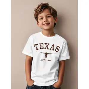 Boys' Texas State Graphic T-Shirt - Distressed Lettering & Longhorn Bull Design with Texas Flag Colors, Short Sleeve Round Neck Casual Tee for, Machine Washable Spring/Summer Comfort Fit for Texan Pride & Casual Attire (Ideal for Boys & Girls) -