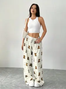 2025 High Quality Women’s White Wide-Leg Pants, Elastic Waist Printed Pattern, Loose Slim Straight Trousers
