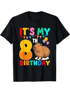 2025 Boys & Girls 6th Birthday Capybara & Number 6 Graphic T-Shirt - Cute Kindergarten Graduation Party Outfit, Breathable Short Sleeve Round Neck Casual Top with Capybara Design - Ideal 6 Year Old Gift