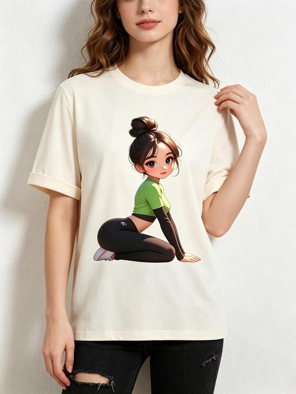 Women’s Pure Cotton Fitted Cut T-Shirt - Casual Breathable Round Neck Short Sleeve Cropped Streetwear for Women, Aesthetic Sweet Chibi Print Messy High Bun Squat Pose Cartoon, TikTok Viral Gym Athleisure Sohochic Fabric