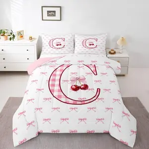 Cartoon Bowknot Comforter Set,Initial C Letter Bedding Set,Princess Coquette Decor Comforter,Buffalo Plaid Cherry Monogrammed Duvet Insert