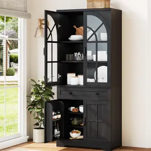 Garvee Farmhouse Pantry Cabinet, 71.9" Tall Freestanding Kitchen Cabinet with Tempered Glass Doors, Anti-Tip Design, Multifunctional Tall Pantry for Kitchen, Dining Room & Living Room, Available in Black, White, and Retro Brown