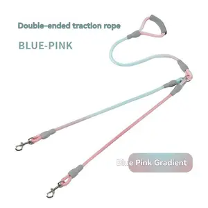 Colorful Gradient Dual Dog Leash Adjustable Nylon Pet Leash with Comfortable Handle for Walking Two Dogs
