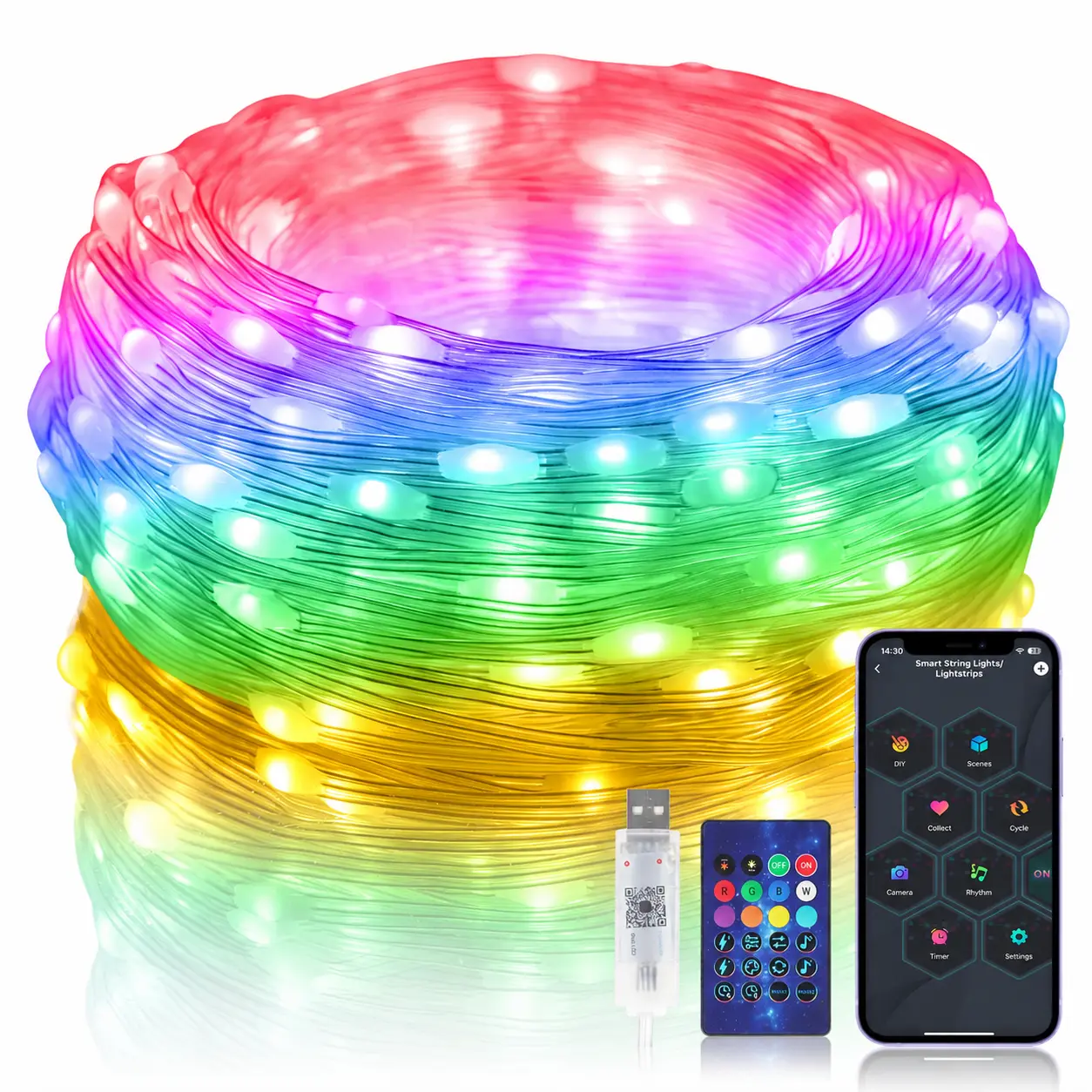 Smart Fairy String Lights 16.4ft/32.8ft, USB Twinkle Lights with Remote and App Control, Music Sync, 12 Light Modes, Multicolor and Warm White for Bedroom, Christmas, Party, Wedding and Centerpiece Decor
