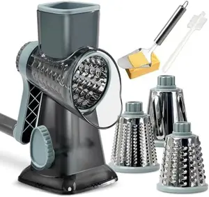 KEOUKE Rotary Cheese Grater Hand Crank Cheese Shredder Vegetable Mandoline Slicer for Kitchen 3 Changeable Blades for Cheese Potato Zucchini Nuts Chocolate GreyBlue Utensils
