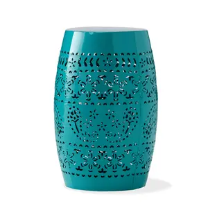 Teal Iron Lace Cutout Side Table 12.25"x18" Floral Pattern Weather Resistant Rustproof Small Drum Table Lightweight Indoor Outdoor Decorative End Table Stool 50lbs Capacity