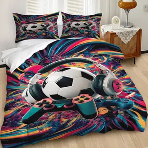 2/3Pcs Vibrant Soccer & Gaming Duvet Cover Set, Funky Bedding Set with Neon Colors, Perfect for Energetic Boys’ Bedroom Decor, Soft and Comfortable for a Playful Vibe. Includes 1 or 2 Pillowcase - No filling/Zipper Closure