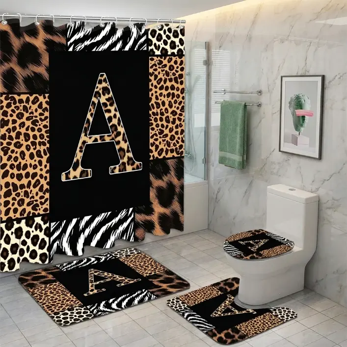 2D Flat 1/4pcs Luxury Leopard Letter A Shower Curtain Set, Wild Safari Style Bathroom Decor, Accessories with Bath Mat, U-shaped Mat, Toilet Lid Cover, Shower Curtain Includes Hooks, Custom Initial Design, Home Decor
