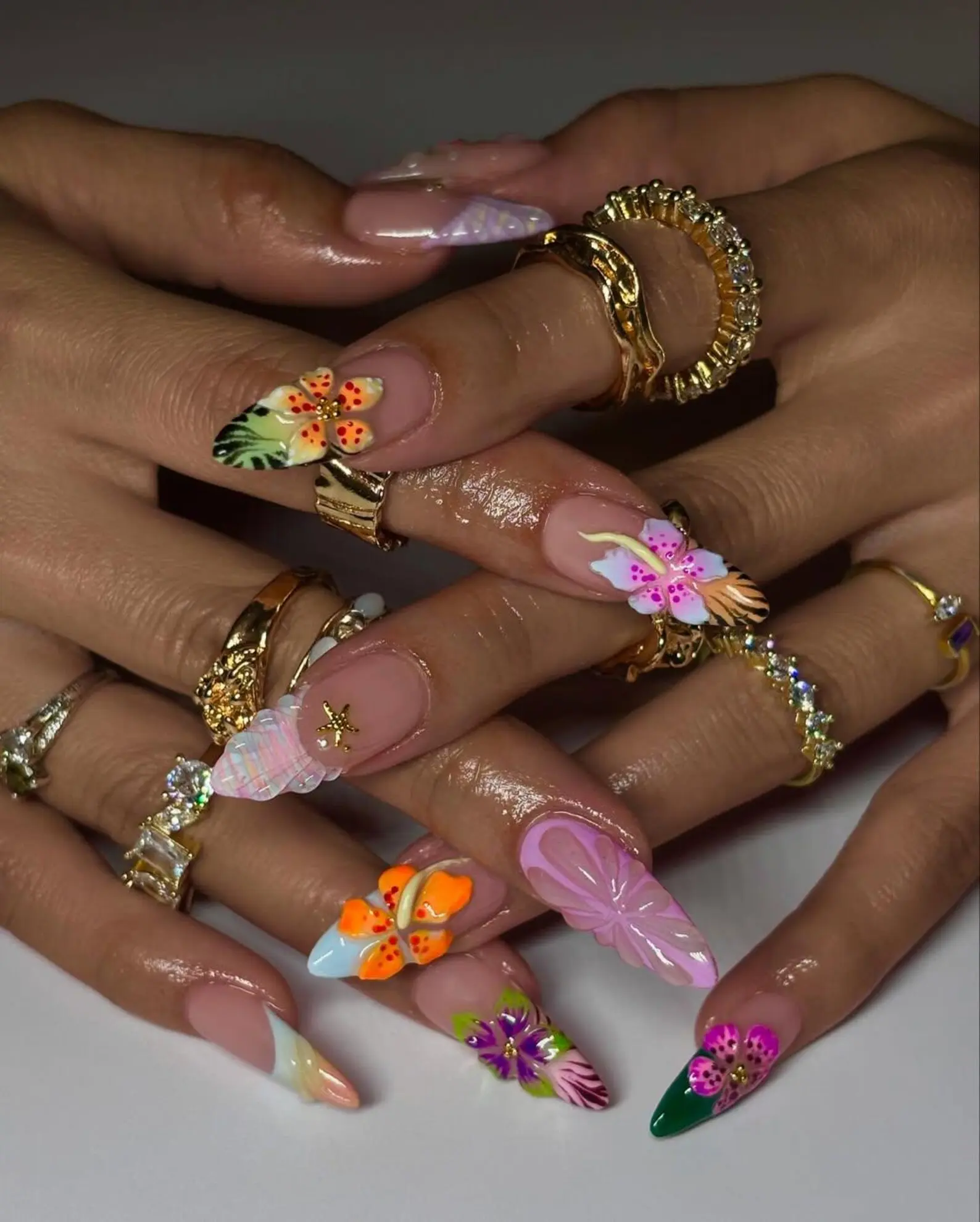 HelenNails – Tropical Flower Press On Nails | Handmade 3D Summer Nail Art with Neon Florals | Colorful Vibrant Fake Nails | Holiday Nails – HL622