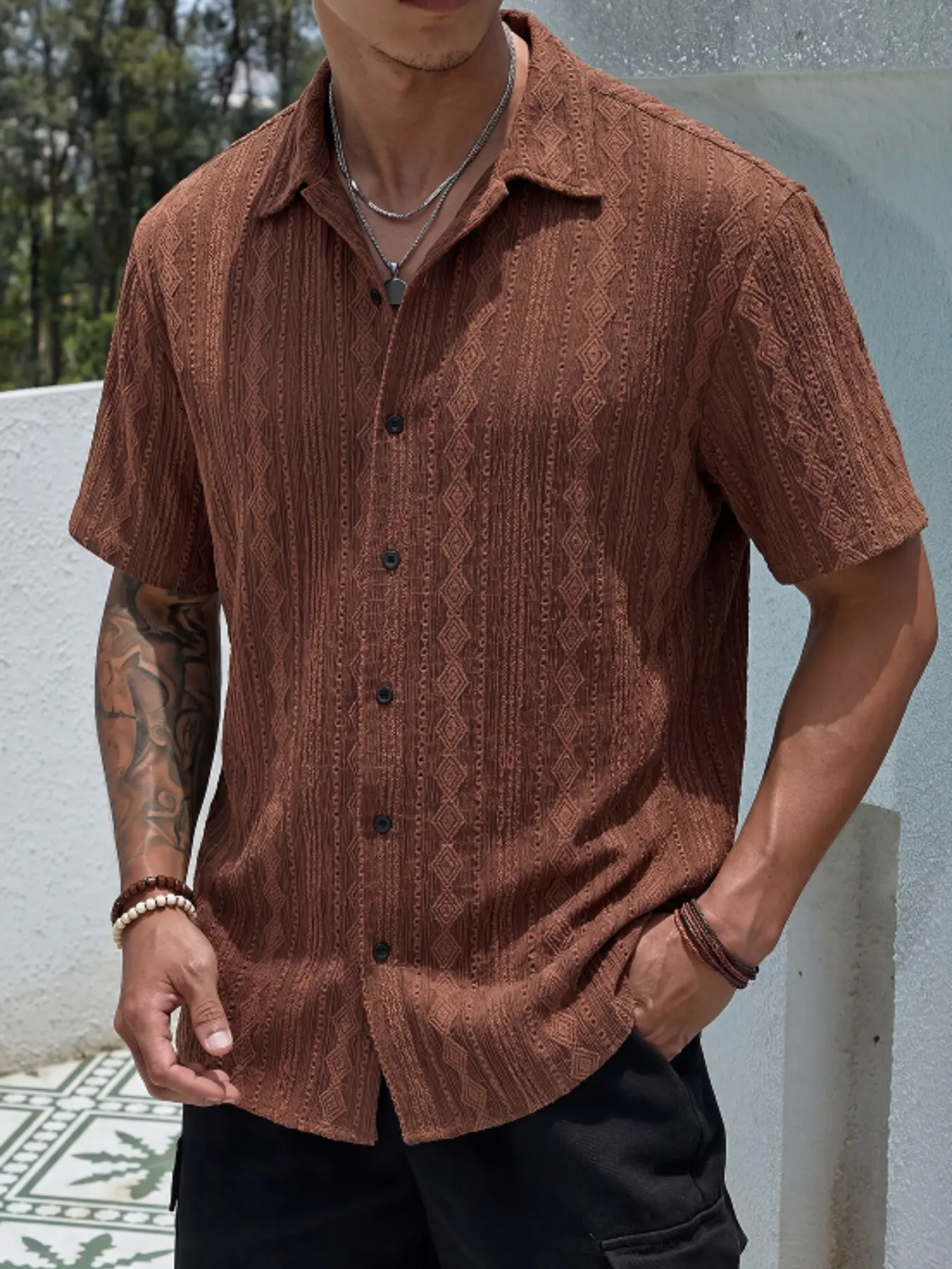 Men's Summer Casual Vacation Knit Texture Embossed Solid Color Coffee Short Sleeve Casual Outdoor Shirt, Tops, Beachwear, Retro Vintage Style, Perfect for Husbands, Menswear, Casual Party Shirt, Casual Stylish Clothing