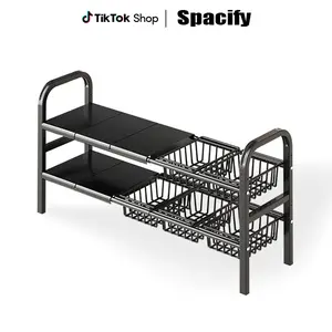 SPACIFY HOME Expandable Under Sink Storage Rack, 2-Tier Adjustable Sink Shelf with 4 Plates & 4 Baskets, Multi-Purpose Kitchen Cabinet Organizer for Pots & Pans, Fits Around Pipes for Kitchen & Bathroom Cabinet Organization, Black/White