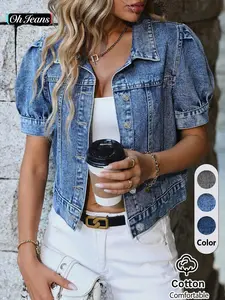 Women's Denim Jacket, Short Sleeve Button Closure, Casual Fitted Outerwear, Bubble Sleeves, Daily Wear, Summer Style
