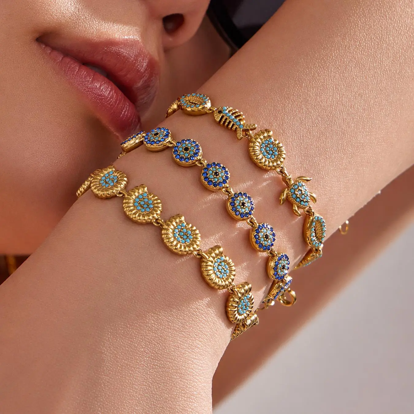 Jewelry Bracelets for Women, Retro 18-Karat Gold-Plated Stainless Steel with Turquoise Sea Life & Eye Charms, Statement Style Fashion Wrist Jewelry, Hypoallergenic Bracelet Design, Light Turquoise Bracelets & Bangles