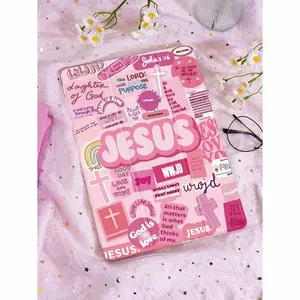 1pc Compatible for iPad 9th/8th/7th/11th/10th Gen Case with Jesus Letter Collage Pink Cover, Clear Back Transparent Tablet Case with Pencil Holder & Auto Sleep/Wake Compatible for // (2019-2021) - Slim Trifold Protective Cover, Best Christmas Gifts