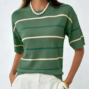 2026 Spring Short Sleeve Striped Crew Neck Sweatshirt - Soft Breathable Fabric Pullover, Shortsleeve Tops for Women, T Shirts Women, Spring Tops for 2026 for Daily Wear clothes earthy