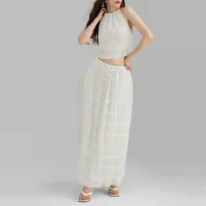 Women's Stylish and Elegant Two-Piece Textured Set - Camisole Crop Top and Long Skirt, Bohemian Style Summer Beachwear Set Womenswear Clothes Suits