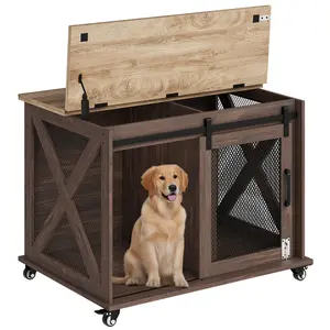 Garvee Farmhouse Wooden Dog Crate Furniture w/ Sliding Barn Door 🏡 37" Flip-Top Dog Kennel End Table, Modern Grey Indoor Pet House for Small Medium Dogs, Decorative Side Table Dog Cage with Cozy Den Design, Easy Assembly