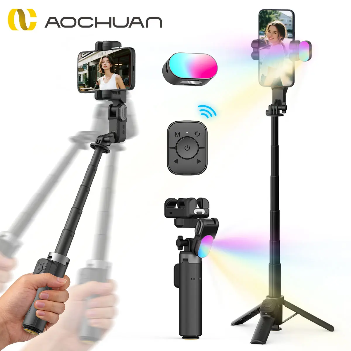 AOCHUAN M3 Pro mini AI Tracking Gimbal w/ Tripod & Magnetic RGB Light | 360° Tracking, Gesture Control, No App, No Cameraman | 4-in-1 Selfie Stick for Vlog, Travel, Beauty, Fitness & Live Creators – Perfect Gift, Christmas & Back to School