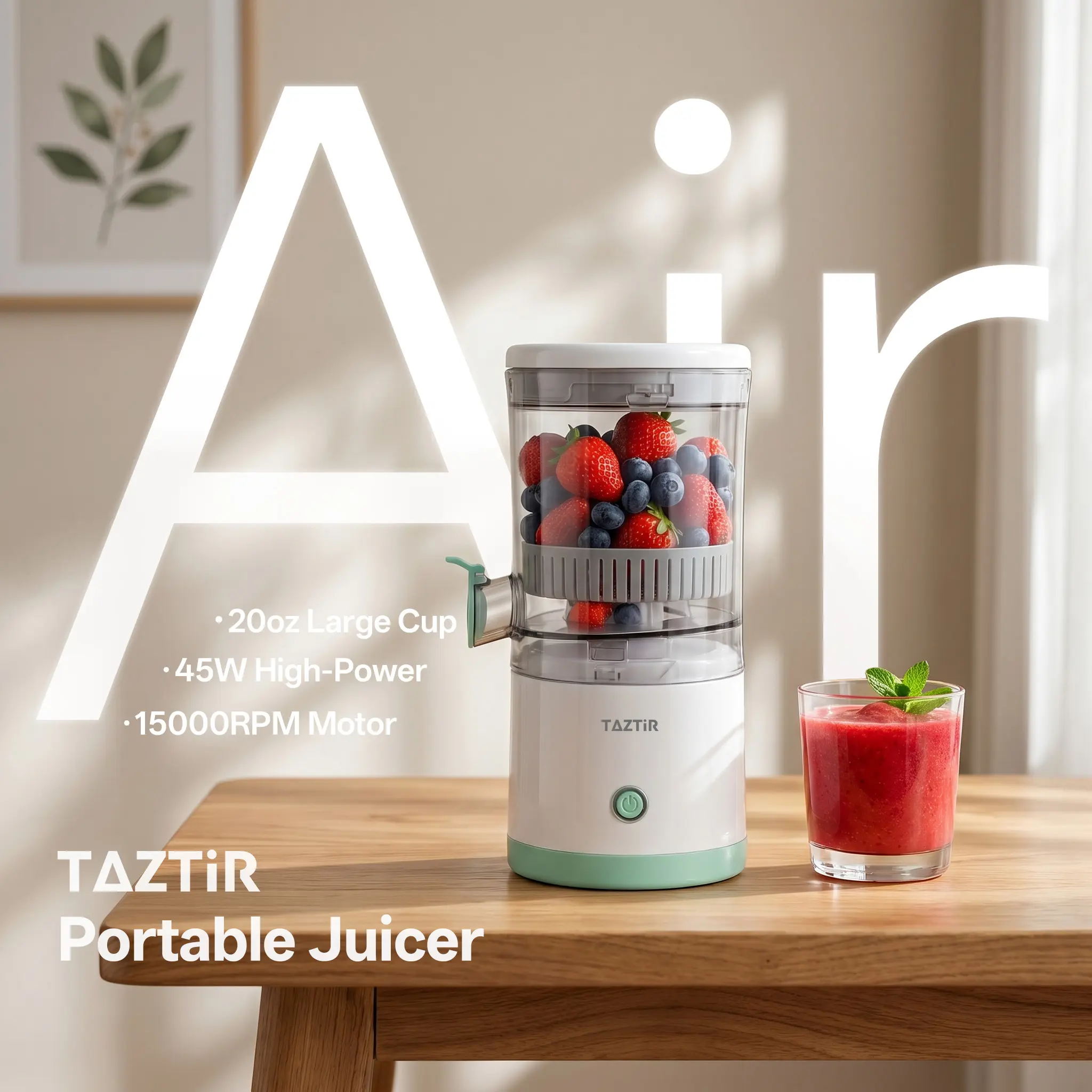 TAZTIR Portable Citrus Juicer 20Oz, USB Rechargeable Automatic Juicing Cup with 3-Speed Modes, Compact Easy-Clean Squeezer for Home, Office, And Travel, One-Touch Control, White